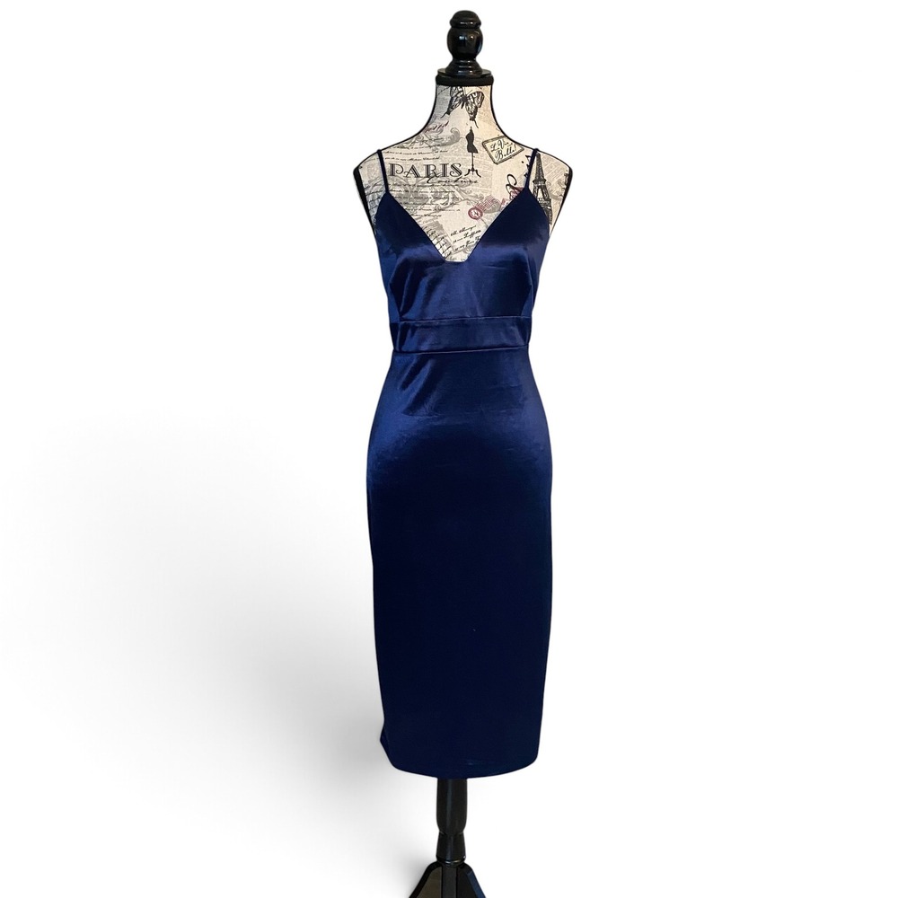 Lulus Midi Dress Womens XL Navy Blue Satin V-Neck Spaghetti Strap Cocktail Chic